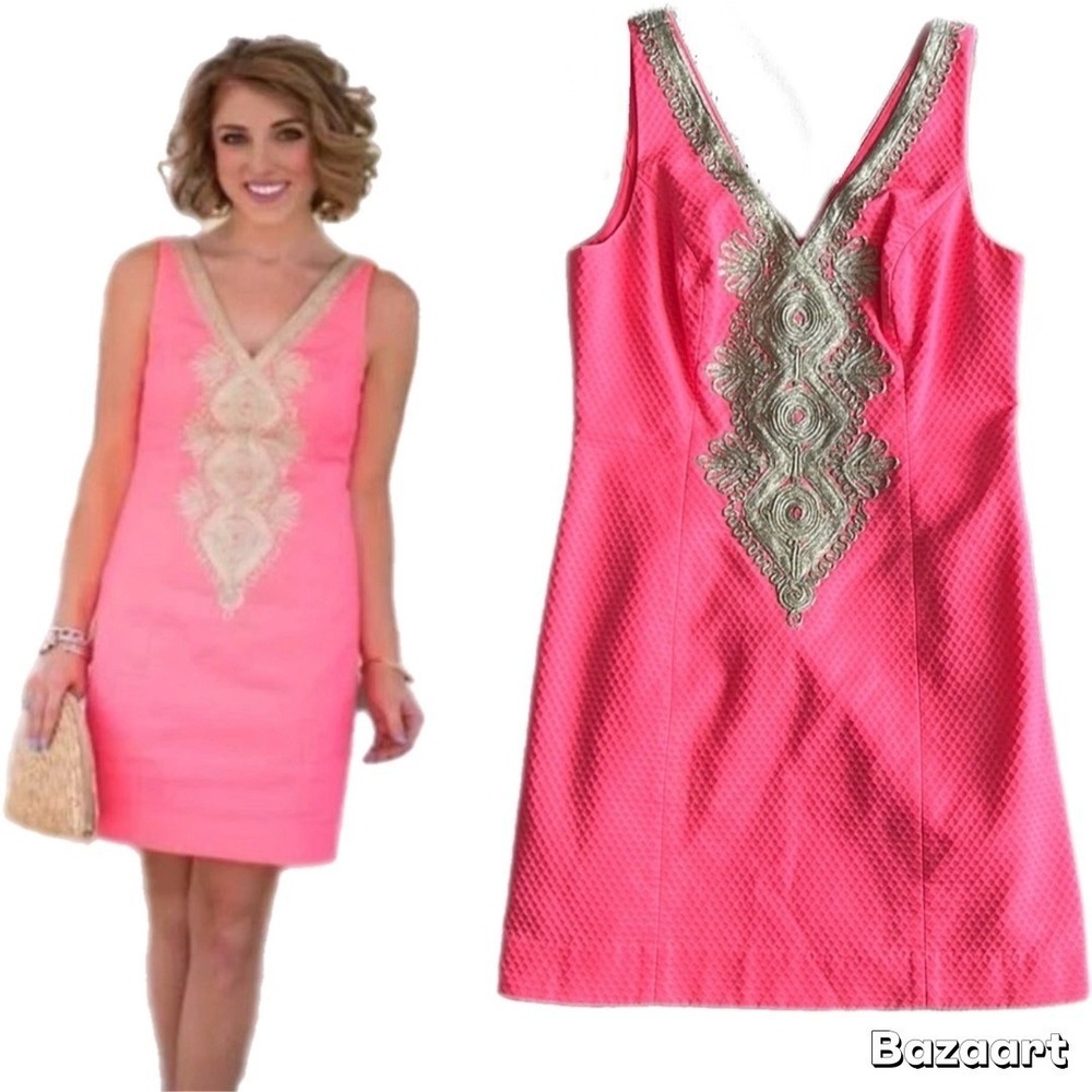 Lilly Pulitzer Junie‎ Shift Dress Coral Reef Pink & Gold Tank Top Classy Wedding